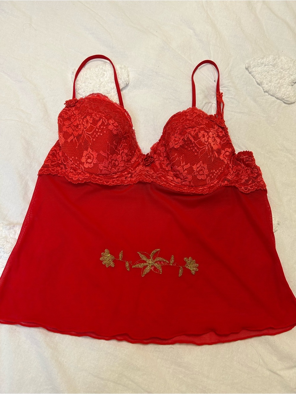 Red Lace Cup Chemise with Sheer Mesh Skirt